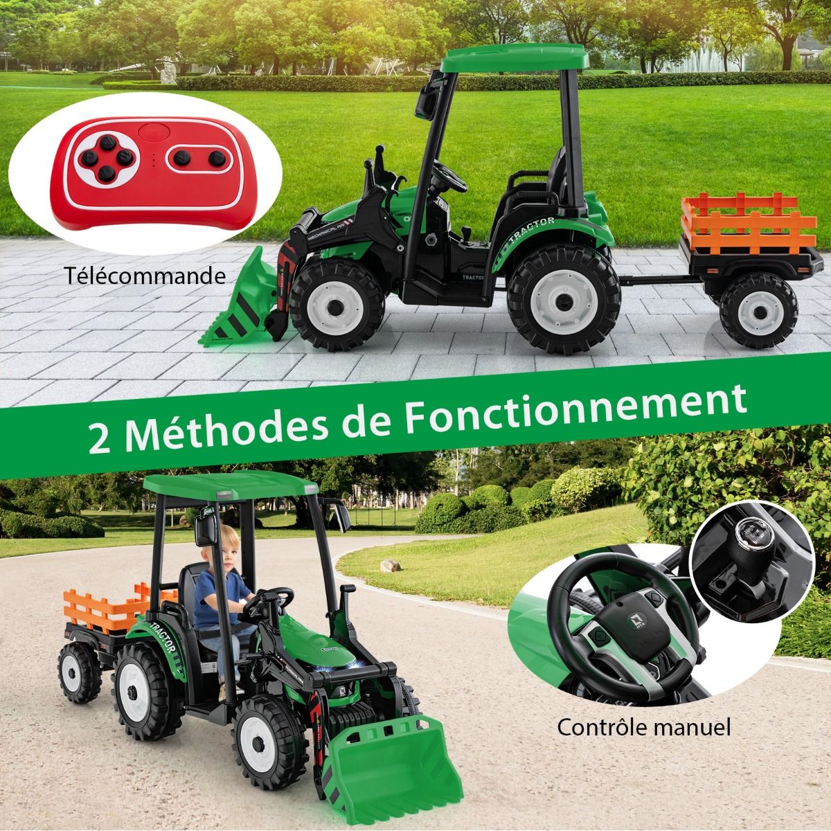 12V Electric Tractor for Children with Detachable Shovel & Trailer, 6-Wheel Electric Vehicle with Remote Control & Music, 3-6 km/h for Ages 3-8, Yellow/Green