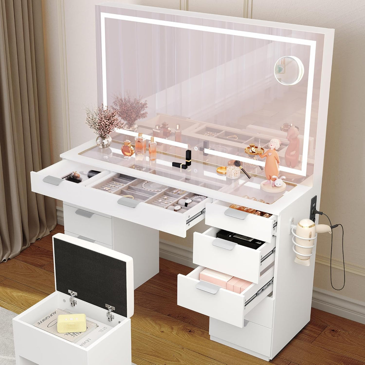 YITAHOME Large Dressing Table with Adjustable LED Lighting and Electrical Outlets, Dressing Table with Mirror, Clear Glass Top, 11 Drawers and Stool, White