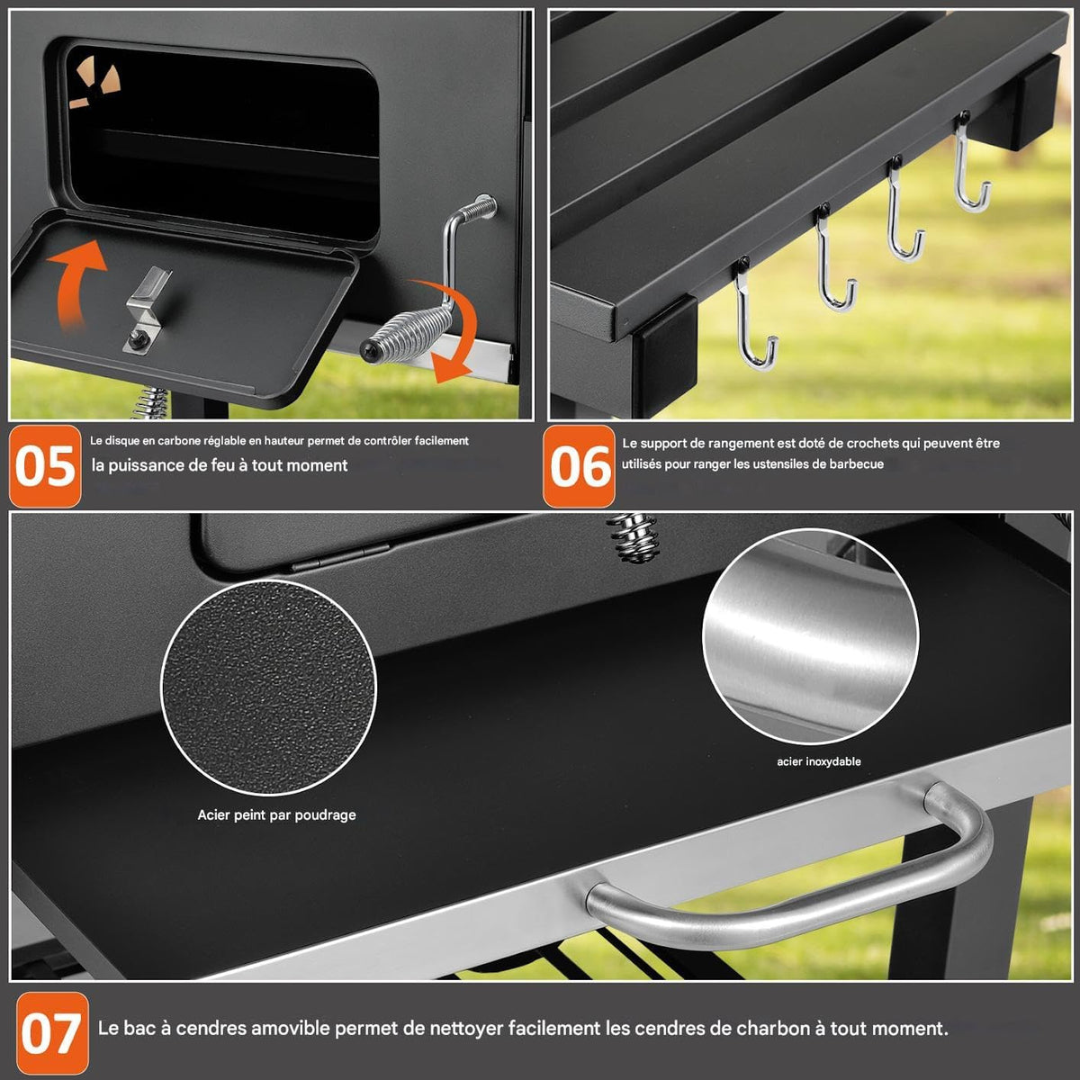 XL Charcoal Barbecue, Barbecue Cart, XL Charcoal Grill with Lid, Wheels and Thermometer, Height Adjustable, Large Charcoal Barbecue, for Camping and Garden, Black