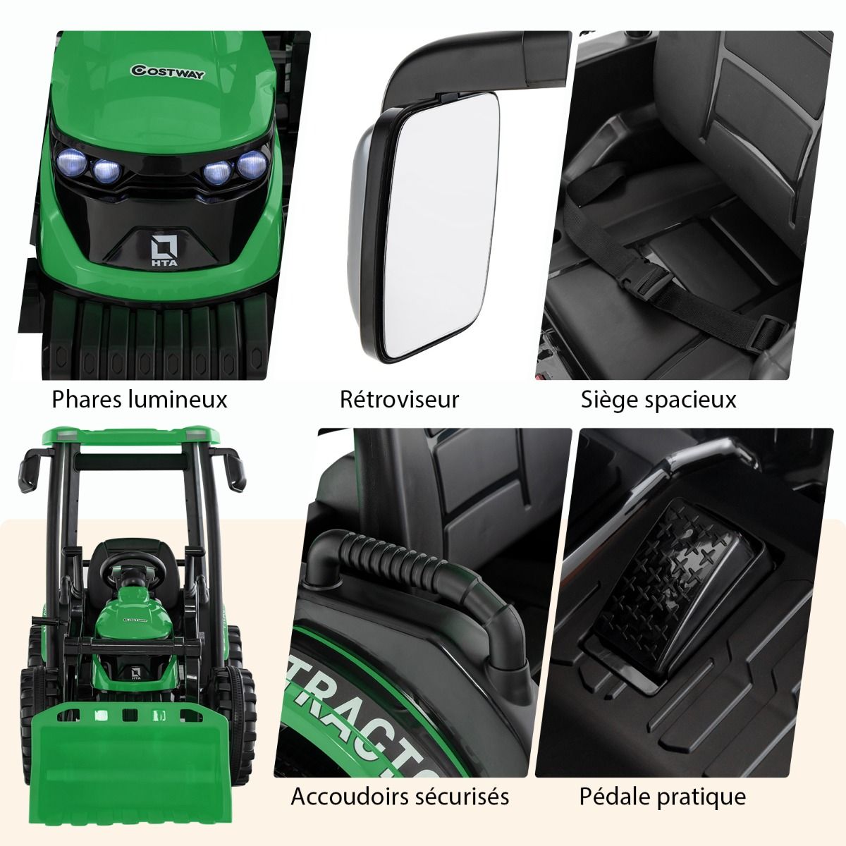 12V Electric Tractor for Children with Detachable Shovel & Trailer, 6-Wheel Electric Vehicle with Remote Control & Music, 3-6 km/h for Ages 3-8, Yellow/Green