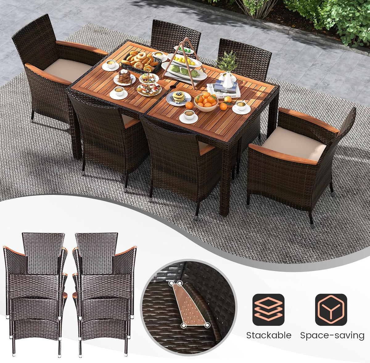 GIANTEX 6-Person Rattan and Acacia Wood Garden Furniture Set, Outdoor Garden Table with 6 Chairs, Cushions, Parasol Hole, Adjustable Legs, for Patio, Picnic, Brown