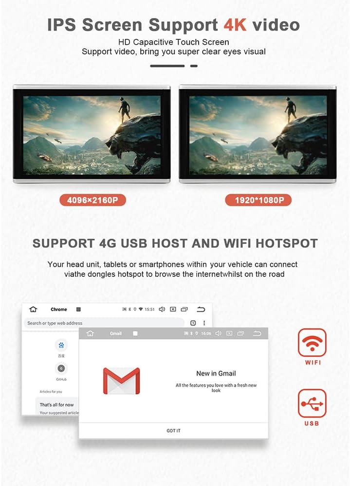 13.3-inch (1080p) HD car headrest video player, Android 9.0, with mounting bracket, IPS touchscreen, 2GB RAM + 32GB storage