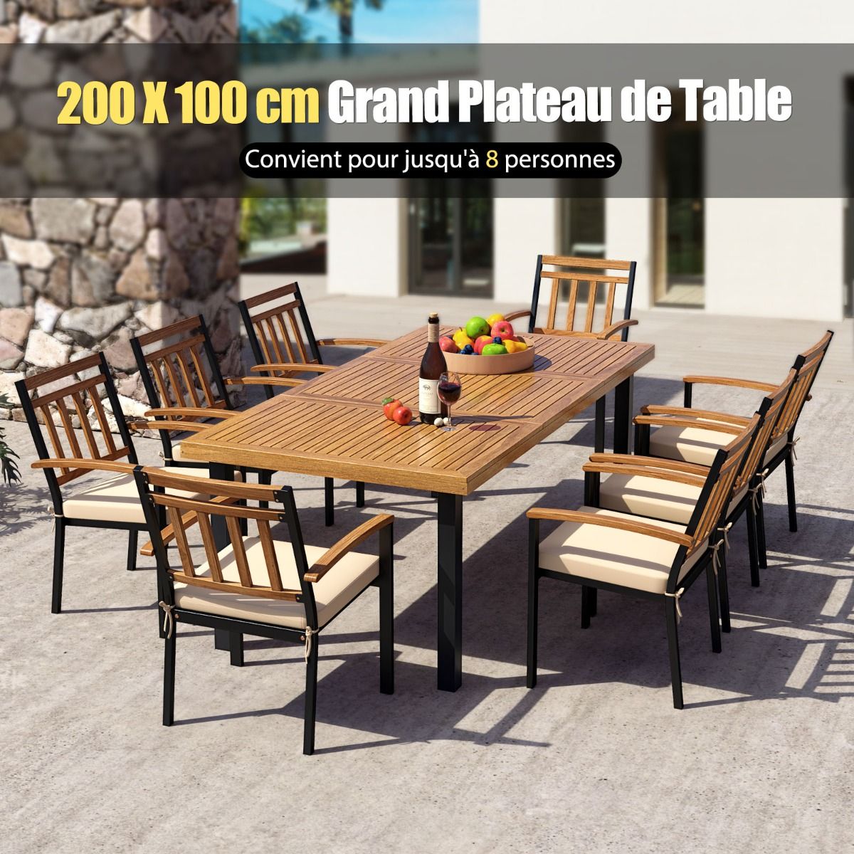 200cm Garden Table for 8 People, Acacia Wood Outdoor Table with Parasol Hole (5cm Diameter), Slatted Design, Metal Legs -