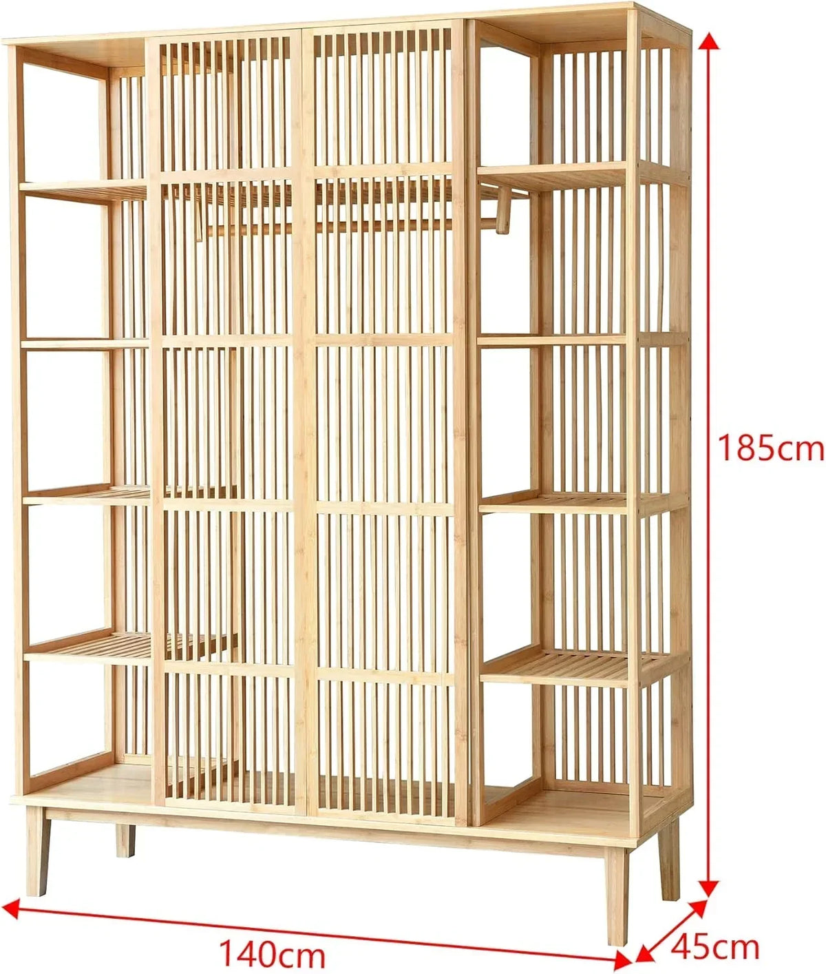 en.casa Armario para Ropa con 2 Puertas Deslizantes Clóset con 12 Estantes y 1 Barra de Colgar Perchero de Bambú 185 x 140 x 45 cm Natural