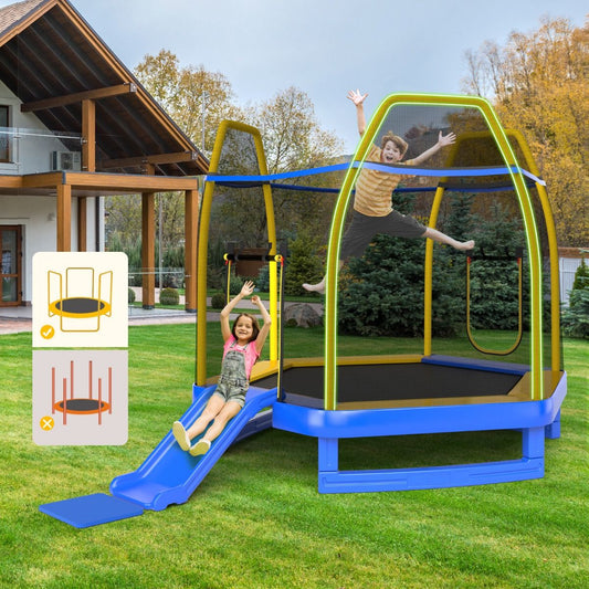 Outdoor Trampoline ? 223cm with Slide & Ladder with Safety Net, 2 U-Shaped Doors, Load Capacity 270kg for 2-3 Children Aged 3+, Blue/Green
