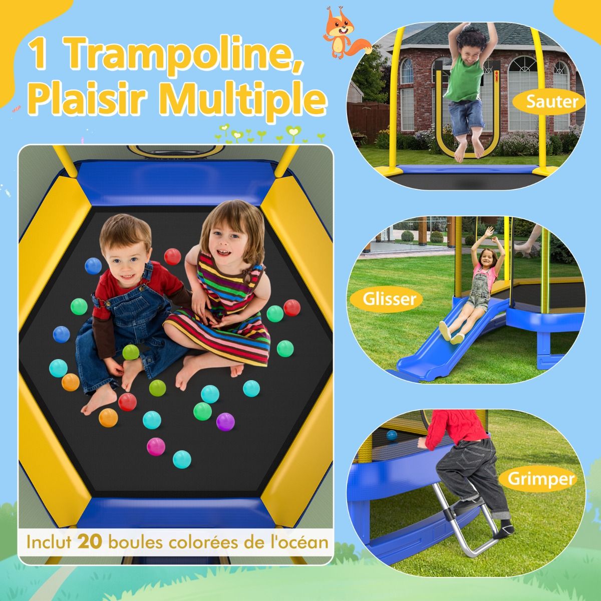 Outdoor Trampoline ? 223cm with Slide & Ladder with Safety Net, 2 U-Shaped Doors, Load Capacity 270kg for 2-3 Children Aged 3+, Blue/Green