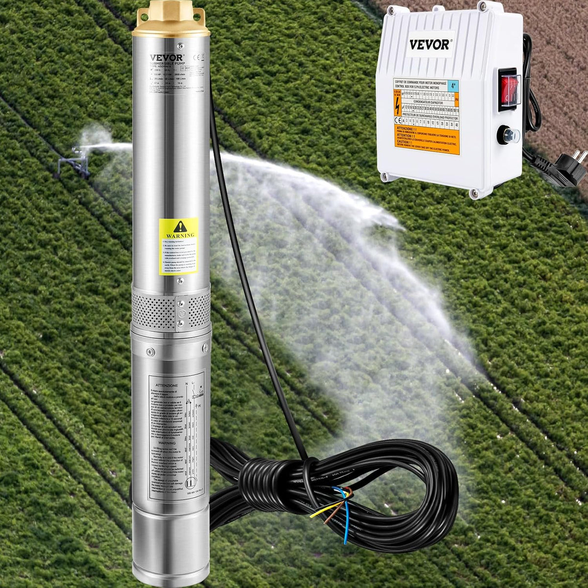 VEVOR Submersible Well Pump 190 L/min 57 m Deep Well Water Pump in Stainless Steel, 1100 W Electric Water Pump, Automatic Submersible Well Pump for Domestic, Agricultural, and Industrial Use