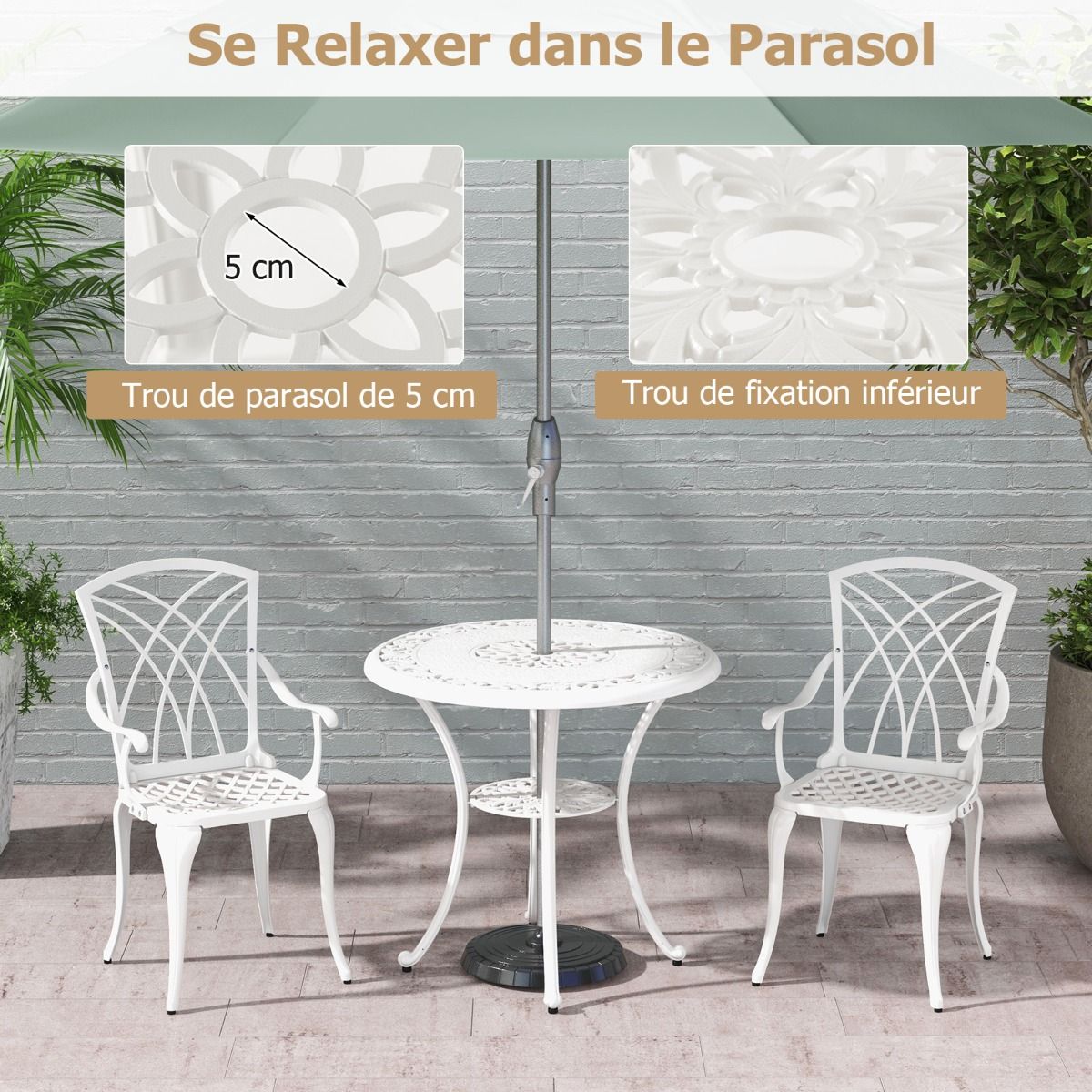 5-Piece Cast Aluminum Garden Furniture Set with Parasol Holes, Adjustable Footrests, Round Table and 4 Chairs, White -