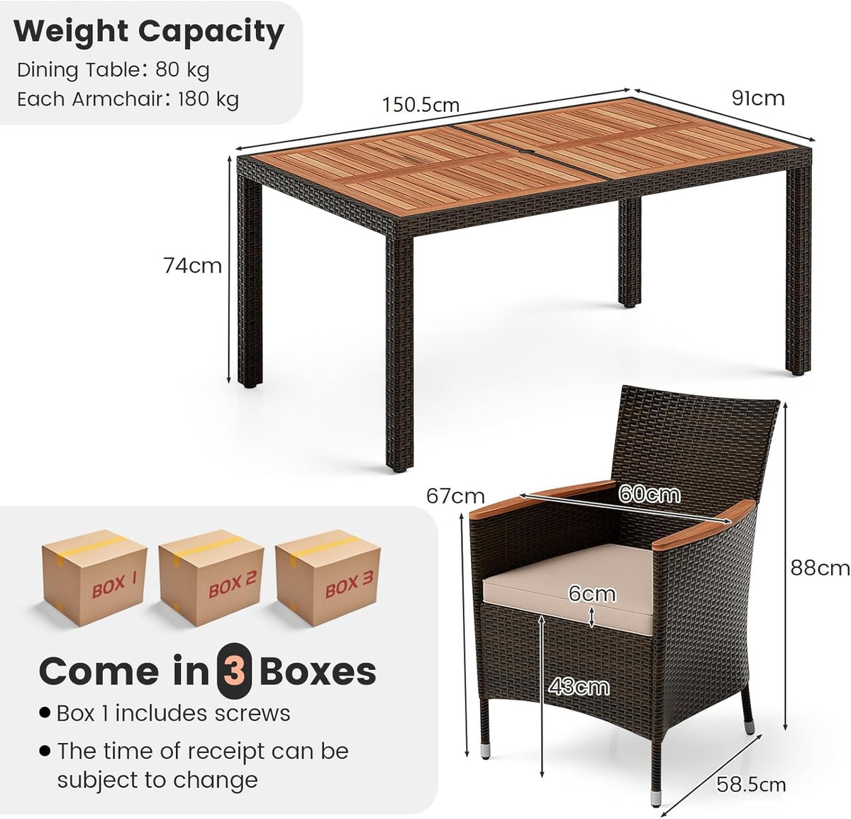 GIANTEX 6-Person Rattan and Acacia Wood Garden Furniture Set, Outdoor Garden Table with 6 Chairs, Cushions, Parasol Hole, Adjustable Legs, for Patio, Picnic, Brown