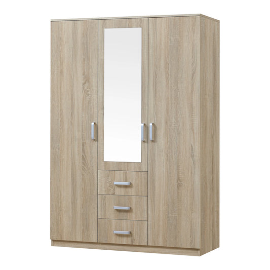 Modern wardrobe bedroom cabinet, timeless storage unit, 5 shelves, 3 drawers + mirror, MDF, 176 x 120 x 52 cm, Sonoma oak effect, 03_0006369