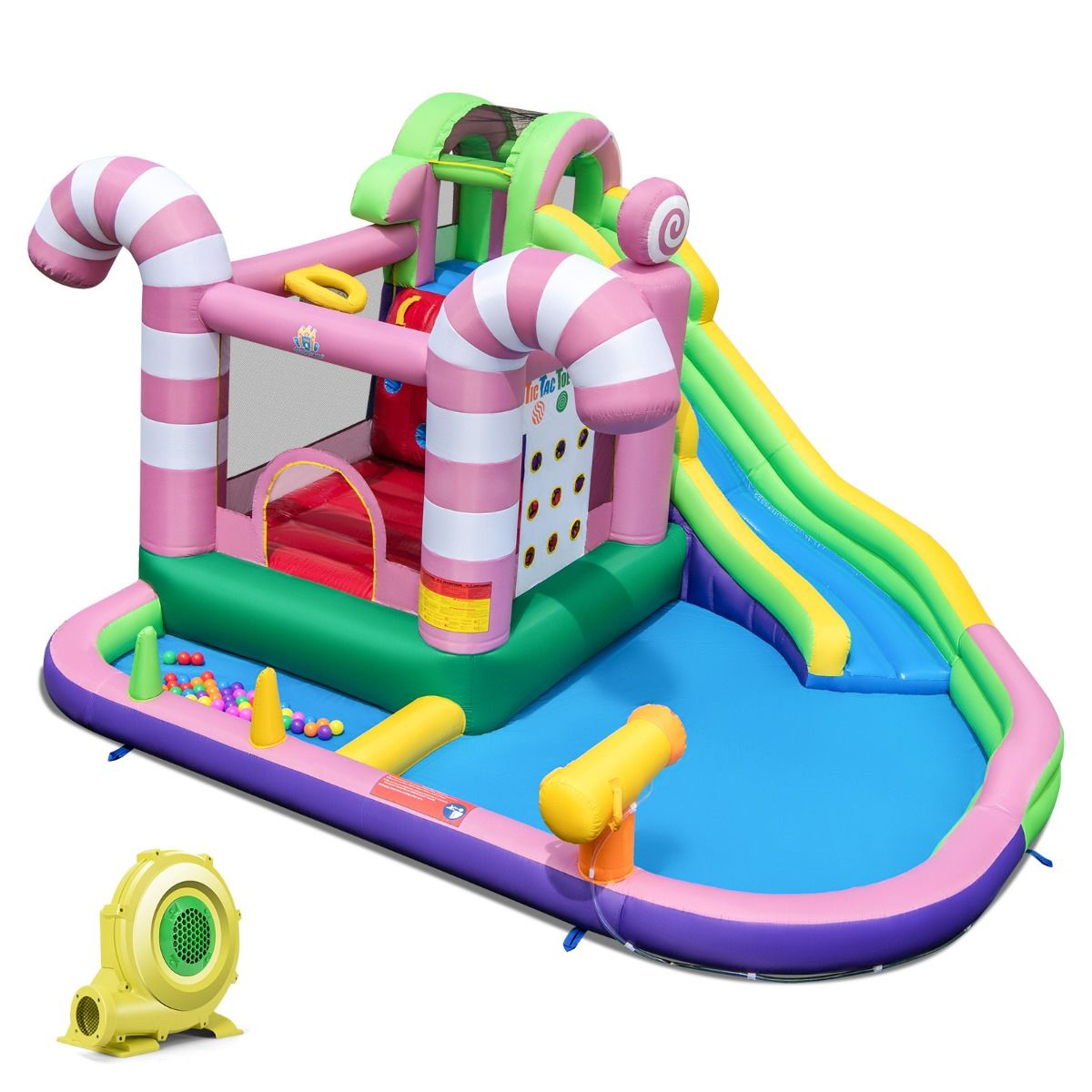 9-in-1 Candy-Shaped Inflatable Castle with Slide, Inflatable Jump House with Water Gun, 90kg Load Capacity for 2 Children Aged 3-10 Years -