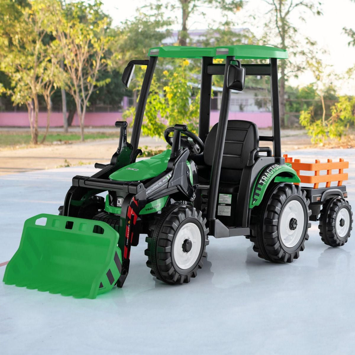12V Electric Tractor for Children with Detachable Shovel & Trailer, 6-Wheel Electric Vehicle with Remote Control & Music, 3-6 km/h for Ages 3-8, Yellow/Green