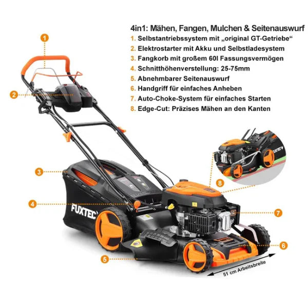 Self-propelled petrol lawnmower with electric start, 196 cm cutting width, 51 cm cutting width - 6 HP, 60 L capacity.