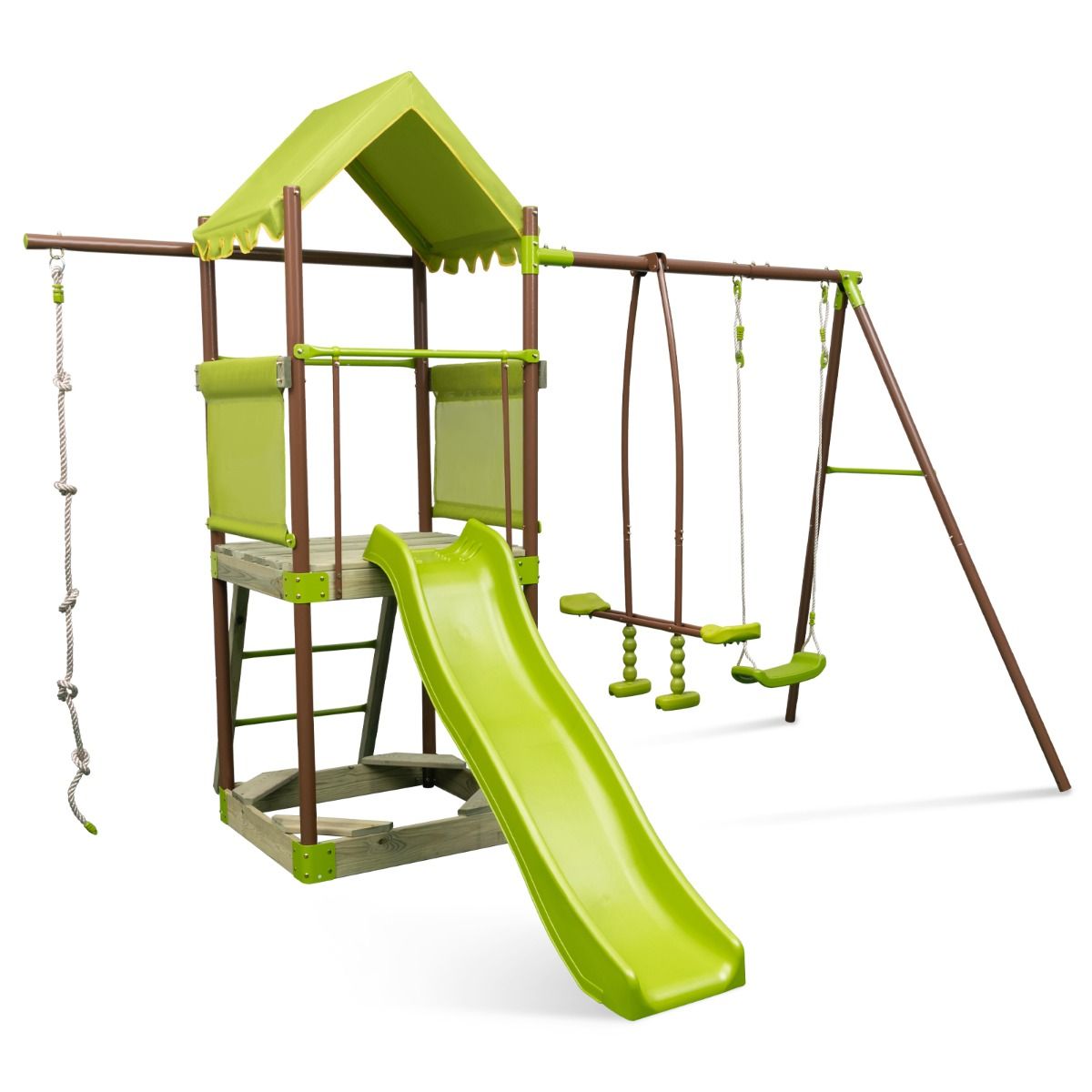 7-in-1 Metal Swing Set with Height-Adjustable Covered Fort, Climbing Rope, Sandpit, Slide, and Wavy Slide (Green)