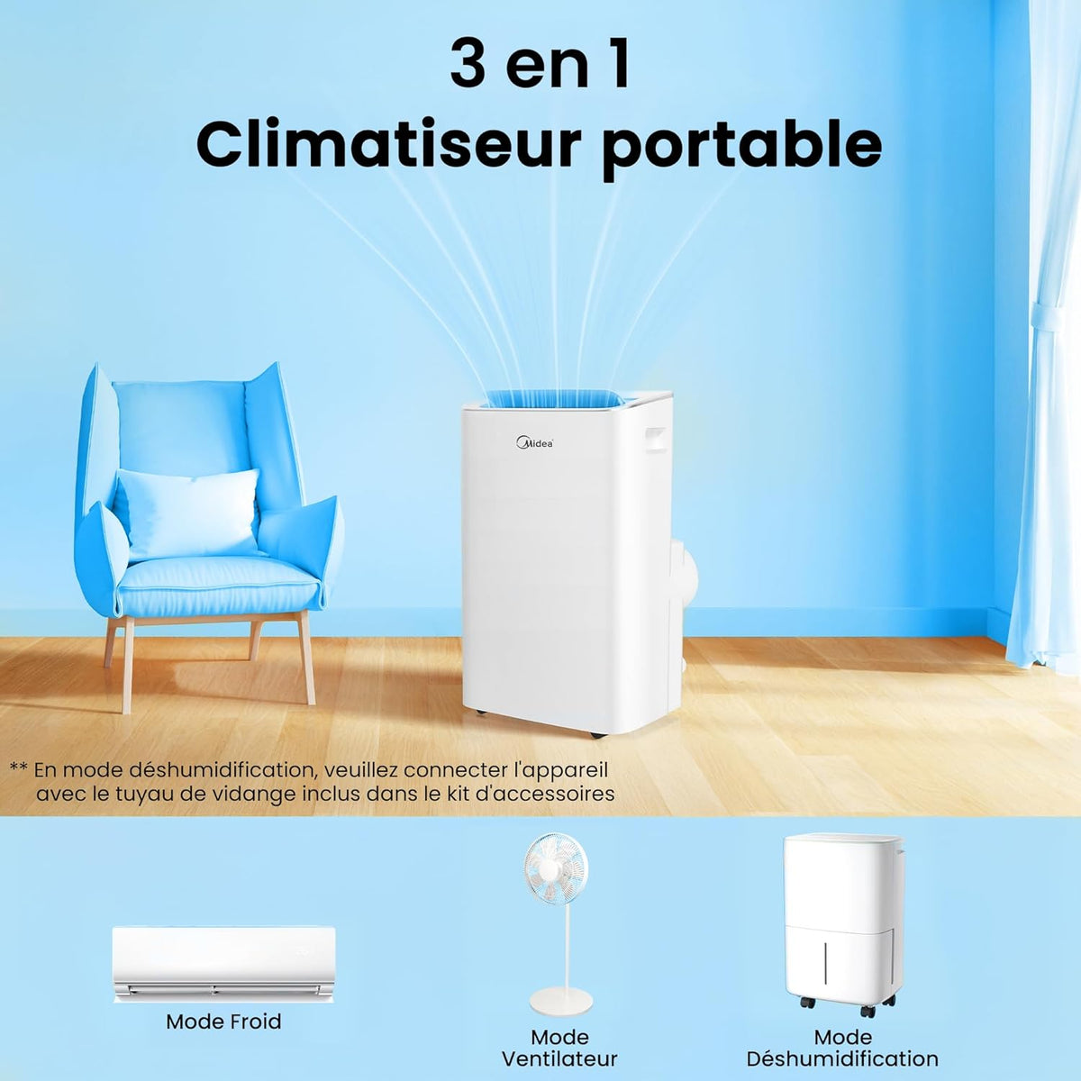 MIDEA 12000 BTU Silent Portable Air Conditioner with Exhaust - 3500W Ready-to-Install Portable Air Conditioner - Reversible Split System - 4 Modes with Window Kit and App Control