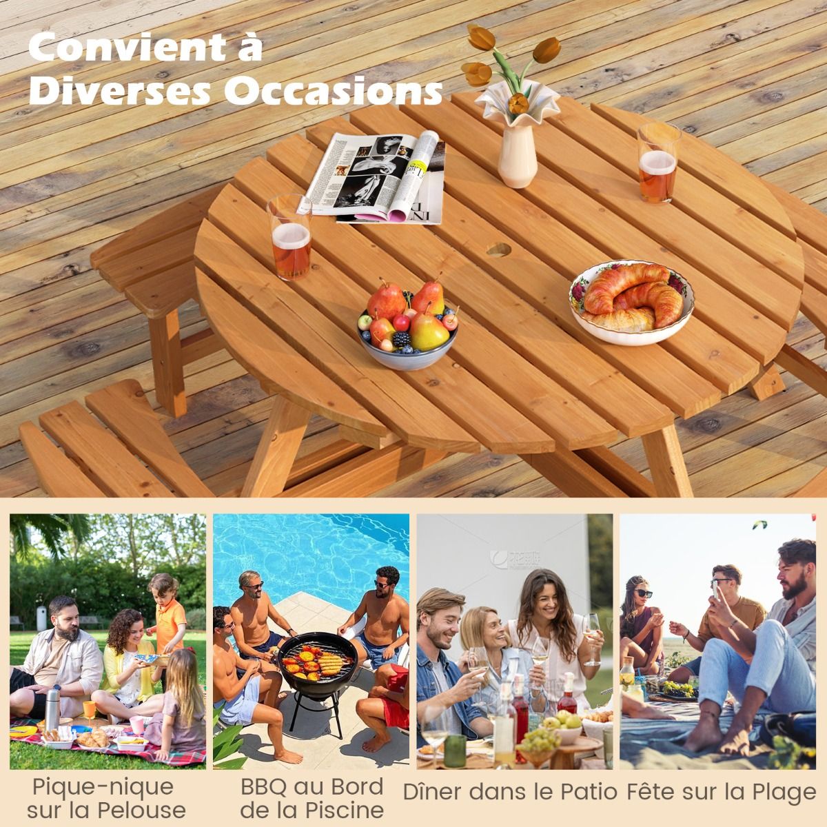 Wooden Picnic Table Set for 2 to 8 People, Circular Table and Bench Set with 4 Integrated Benches, 5cm Parasol Hole, Brown/Yellow -