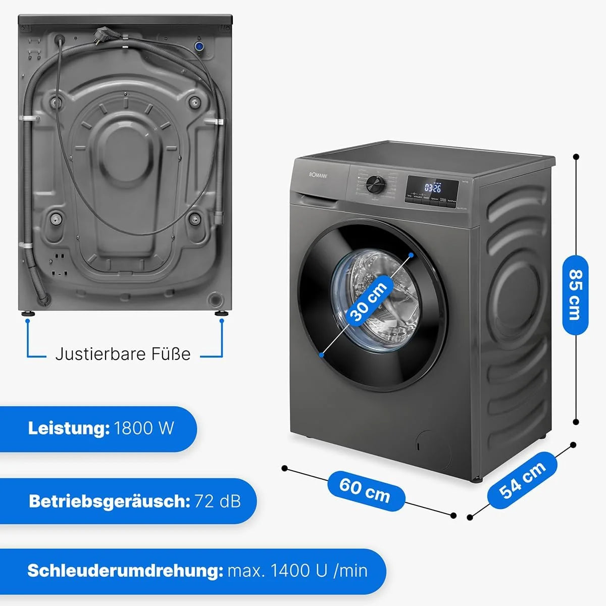 Bomann Waschmaschine 8kg | max. 1400 U/min | 10 Jahre Motor-Garantie | robuster, leiser & langlebiger Invertermotor | 15 Waschprogramme | LED-Display