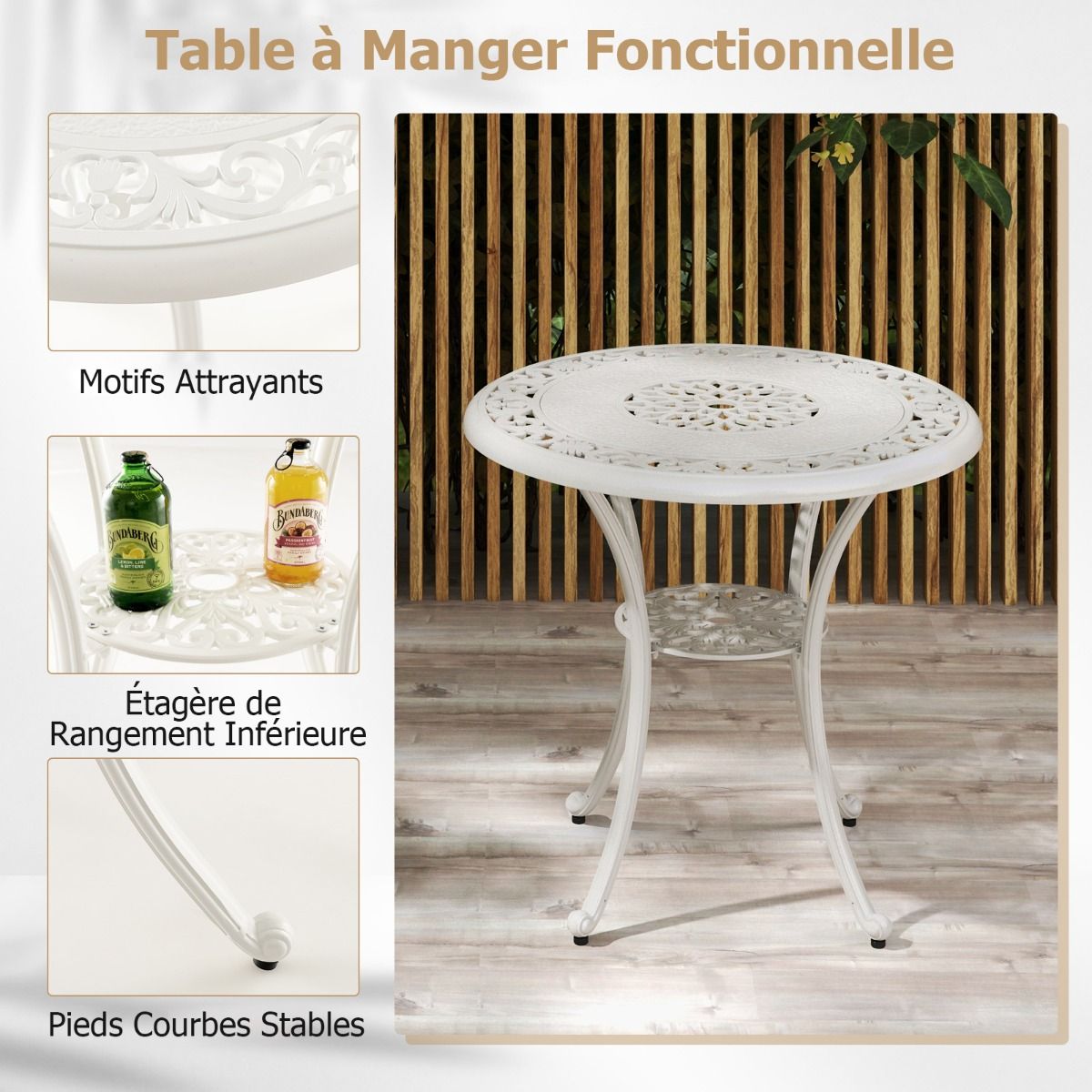 5-Piece Cast Aluminum Garden Furniture Set with Parasol Holes, Adjustable Footrests, Round Table and 4 Chairs, White -