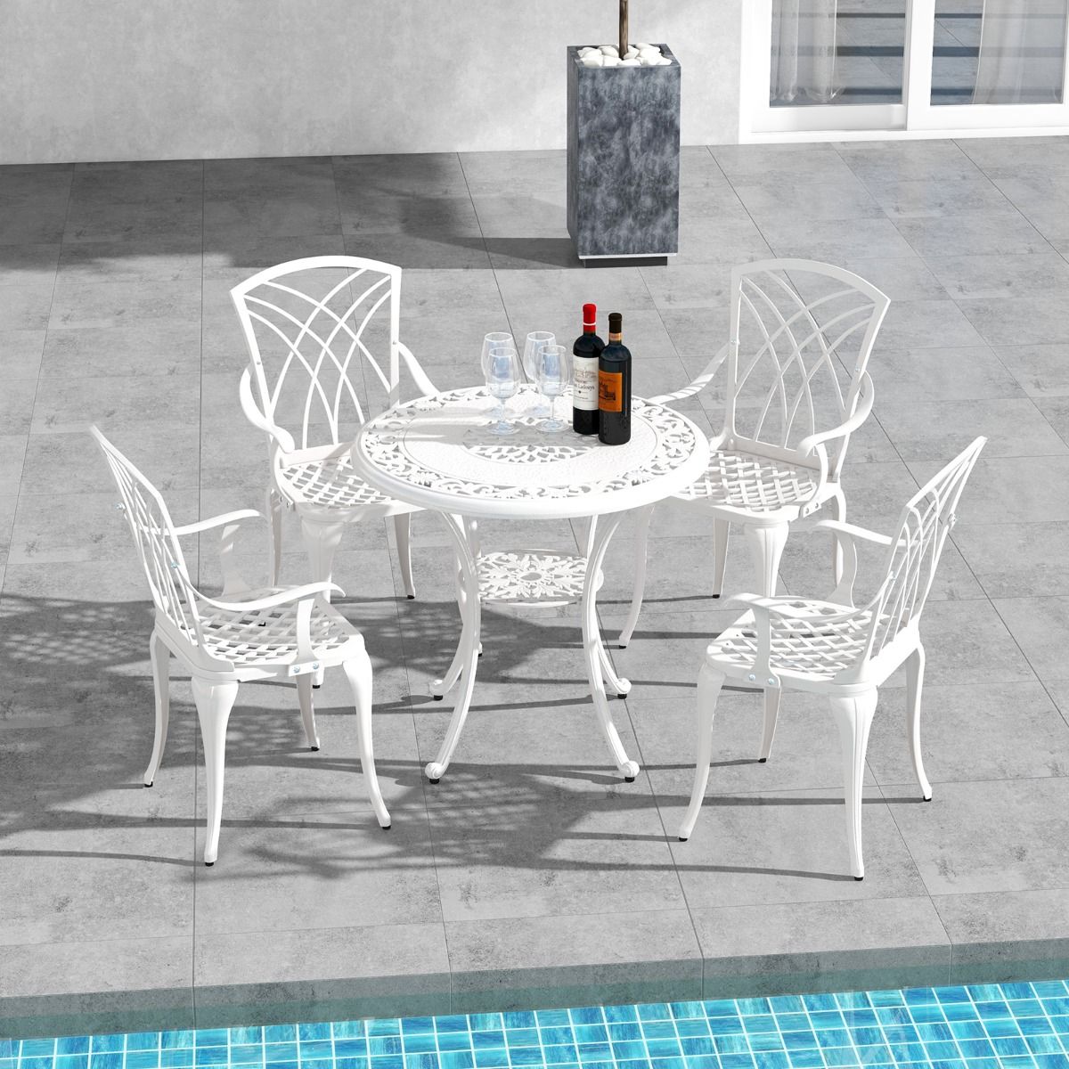 5-Piece Cast Aluminum Garden Furniture Set with Parasol Holes, Adjustable Footrests, Round Table and 4 Chairs, White -