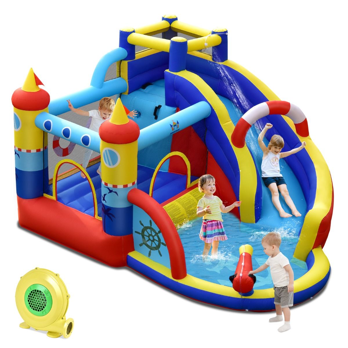 Inflatable Boat-Style Castle with Curved Slide, Jumping Area, Climbing Wall with 450W Inflator -