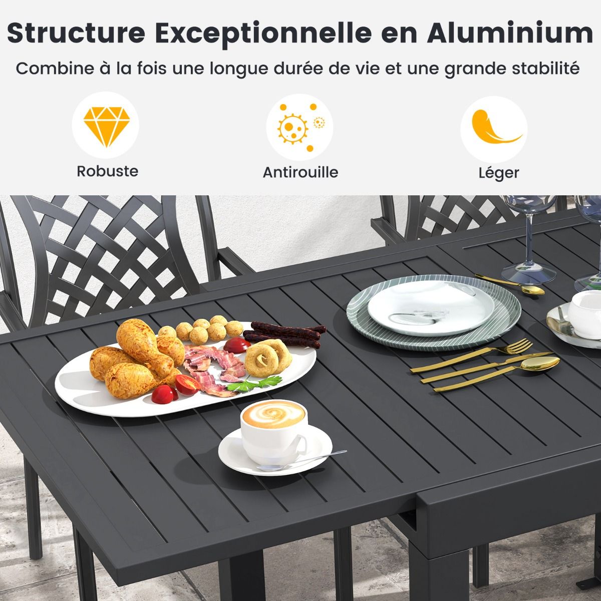Extendable Aluminum Garden Table, Adjustable from 80 to 160 CM, Outdoor Dining Table with Slatted Top for 4-6 People, Dark Grey