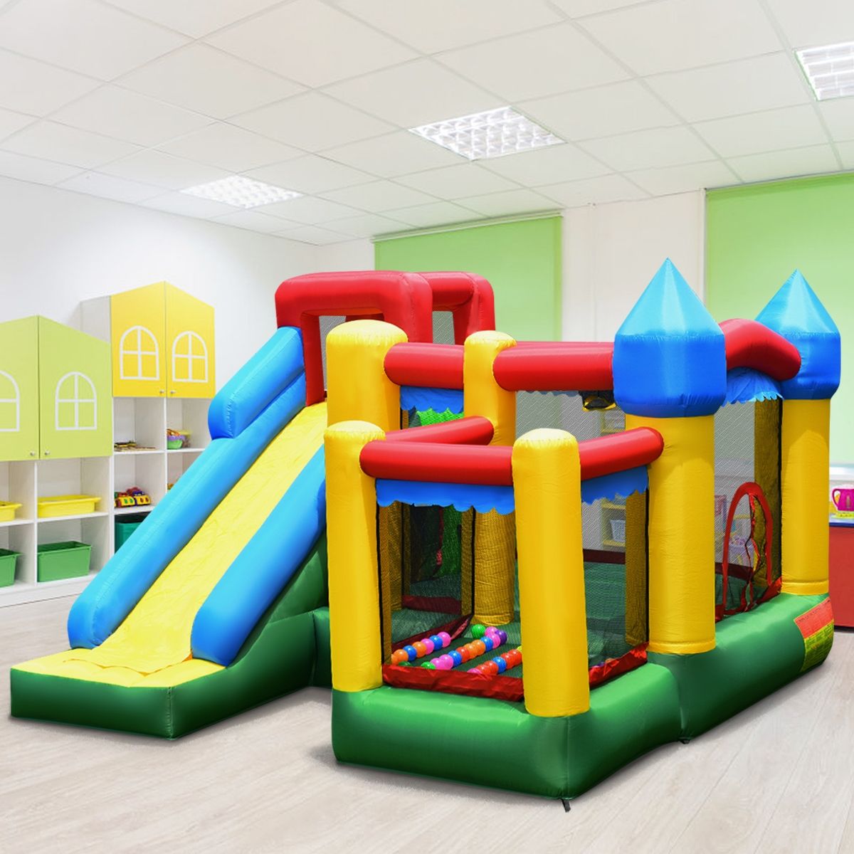 4-in-1 Inflatable Castle for Children 3-10 Years Old with Slide, Jumping Area, Climbing Wall, Basketball Hoop -