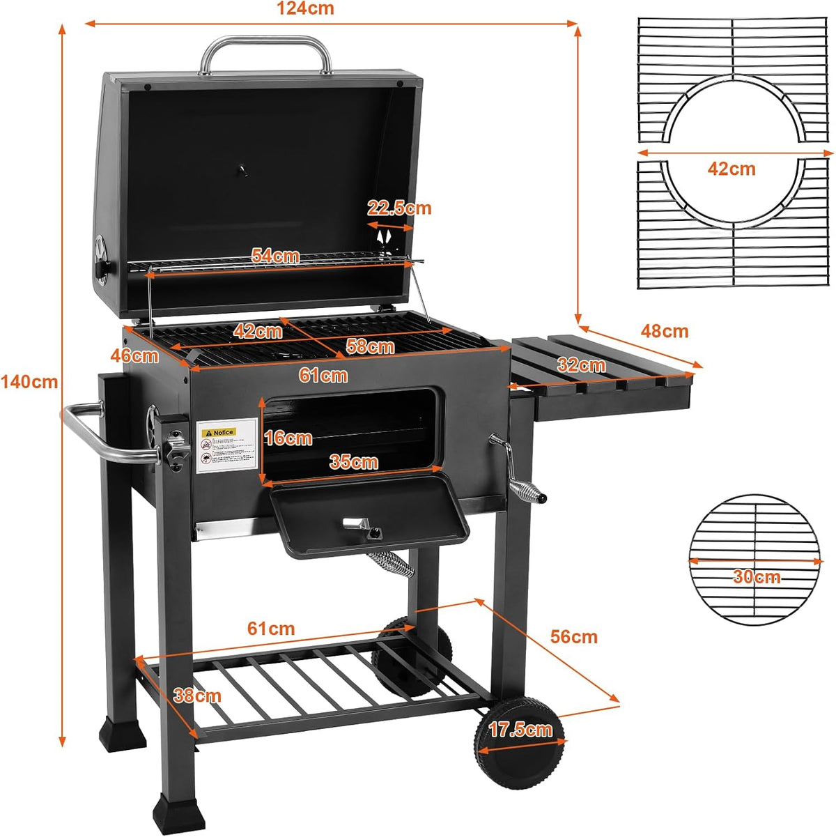 XL Charcoal Barbecue, Barbecue Cart, XL Charcoal Grill with Lid, Wheels and Thermometer, Height Adjustable, Large Charcoal Barbecue, for Camping and Garden, Black