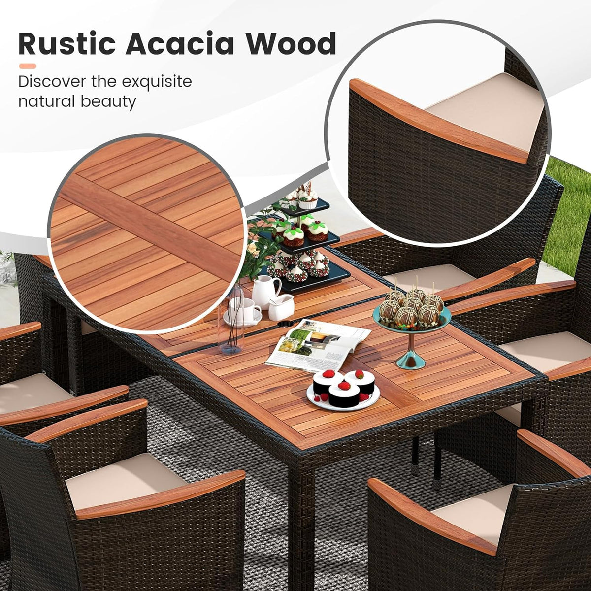 GIANTEX 6-Person Rattan and Acacia Wood Garden Furniture Set, Outdoor Garden Table with 6 Chairs, Cushions, Parasol Hole, Adjustable Legs, for Patio, Picnic, Brown