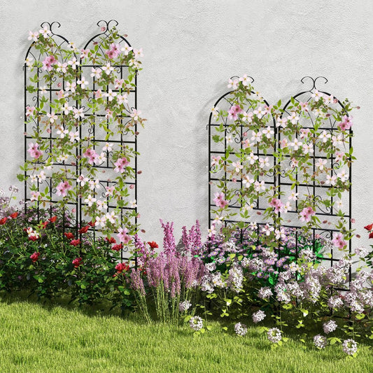 Set of 4 Metal Garden Trellis 180 x 50 cm Decorative Fence for Climbing Plants Rustproof Flower Grid for Garden Courtyard Patio Black -