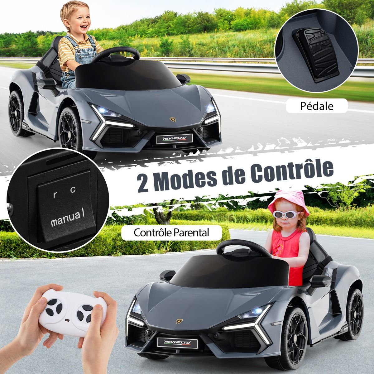 Revuelto Licensed 12V Electric Ride-On Car for Children with Remote Control and Hydraulic Doors, Suitable for Ages 37-95 Months, Grey/Orange