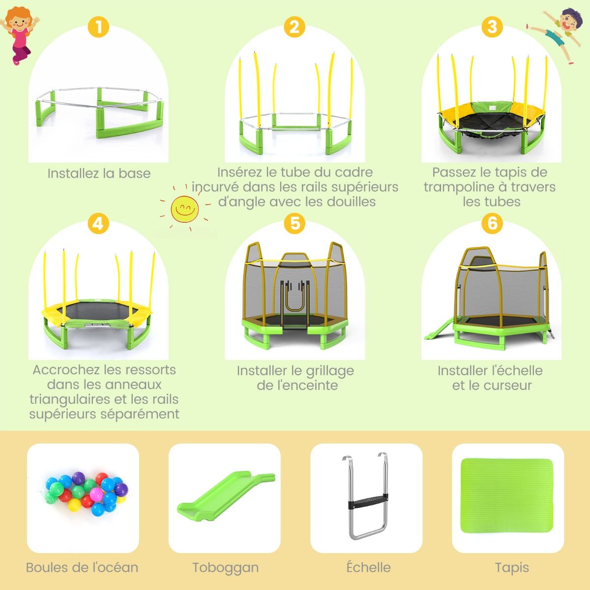 Outdoor Trampoline ? 223cm with Slide & Ladder with Safety Net, 2 U-Shaped Doors, Load Capacity 270kg for 2-3 Children Aged 3+, Blue/Green