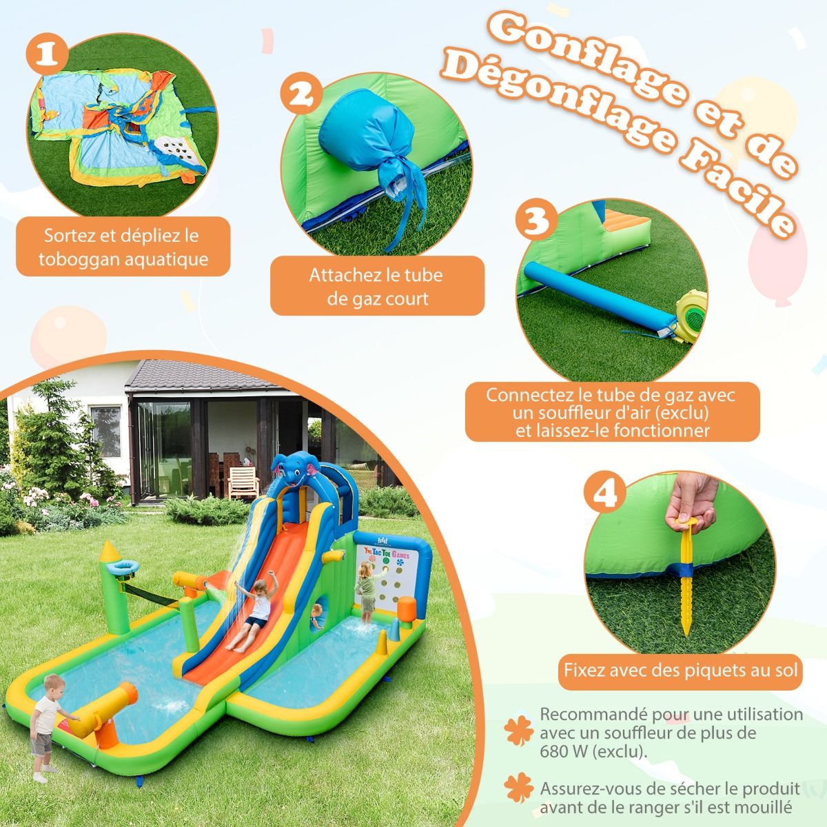 Giant Inflatable Water Slide for Children, Safe Splash Pool, Climbing Wall, Water Cannons, Ring Toss, Hoop (Blower Not Included), Multicolored