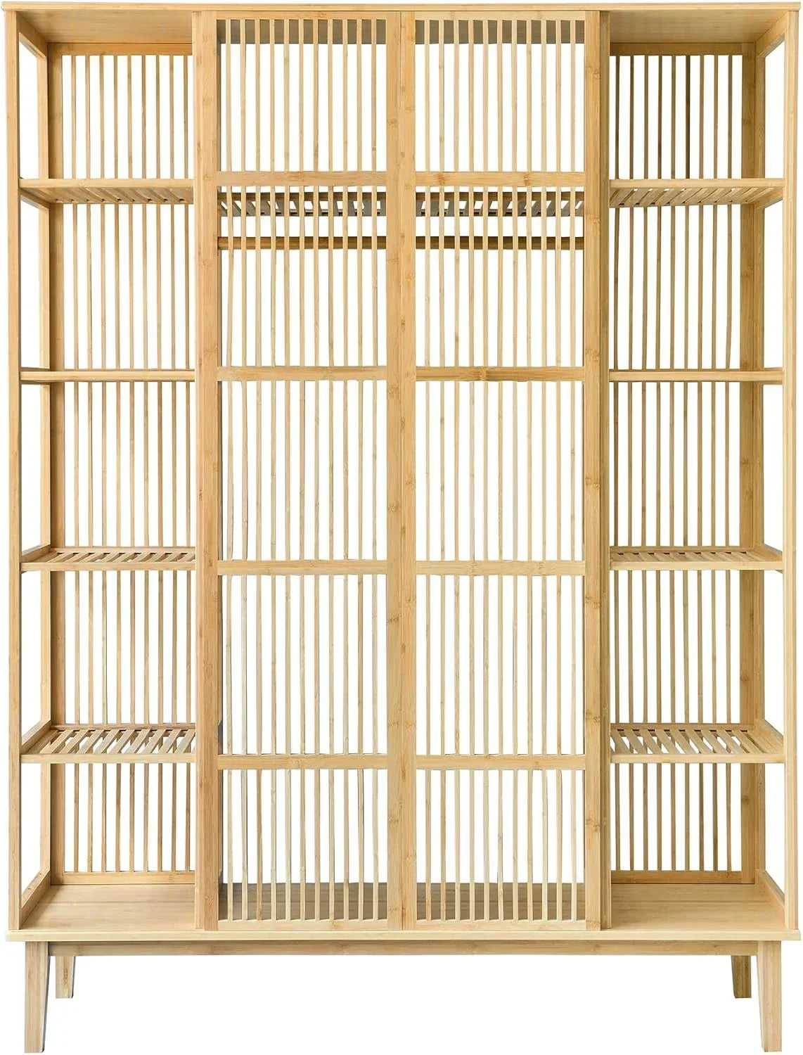 en.casa Armario para Ropa con 2 Puertas Deslizantes Clóset con 12 Estantes y 1 Barra de Colgar Perchero de Bambú 185 x 140 x 45 cm Natural