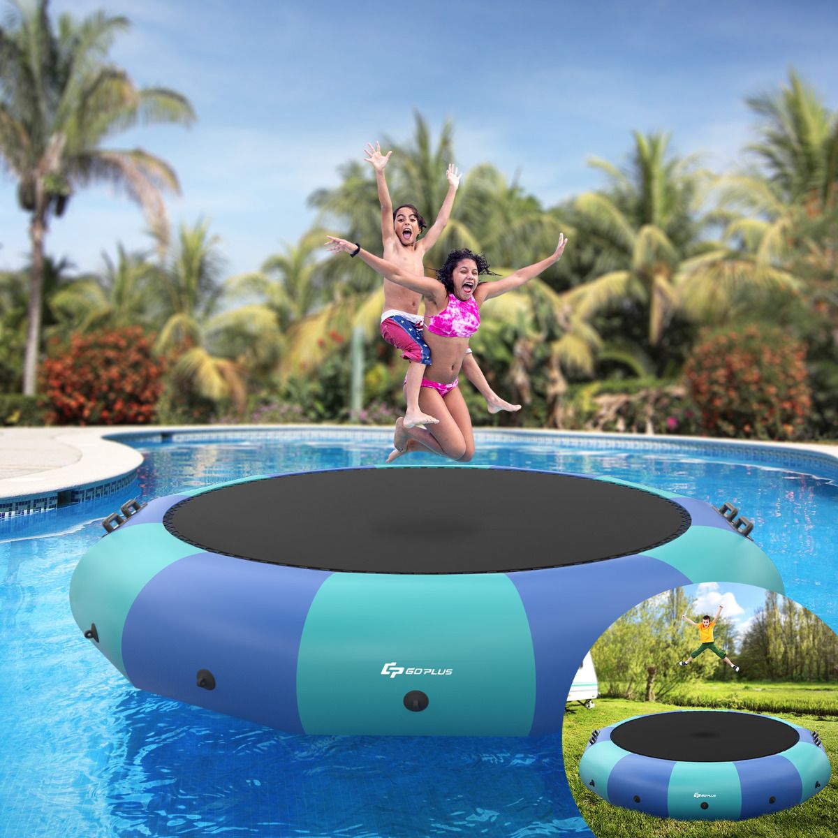 Inflatable Water Trampoline, 457cm Diameter, 150kg Capacity, with Repair Kit, Ladder and 500w Electric Inflator, Blue -