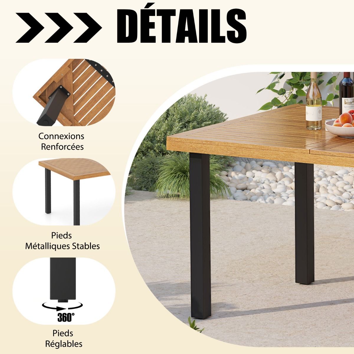 200cm Garden Table for 8 People, Acacia Wood Outdoor Table with Parasol Hole (5cm Diameter), Slatted Design, Metal Legs -