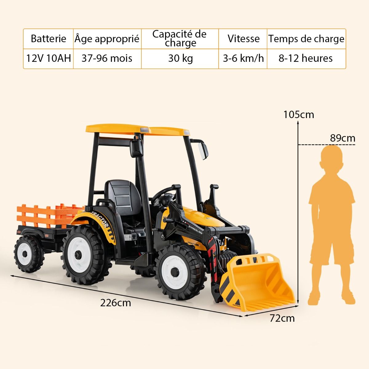 12V Electric Tractor for Children with Detachable Shovel & Trailer, 6-Wheel Electric Vehicle with Remote Control & Music, 3-6 km/h for Ages 3-8, Yellow/Green