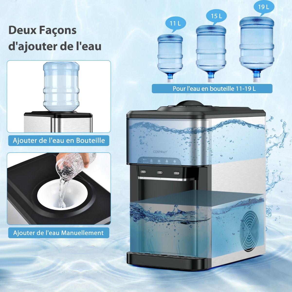 3-in-1 Ice Maker with Hot/Cold Water Dispenser, 20 kg in 24h, Ice Cubes 6-13 min for Home, Office, Bar -