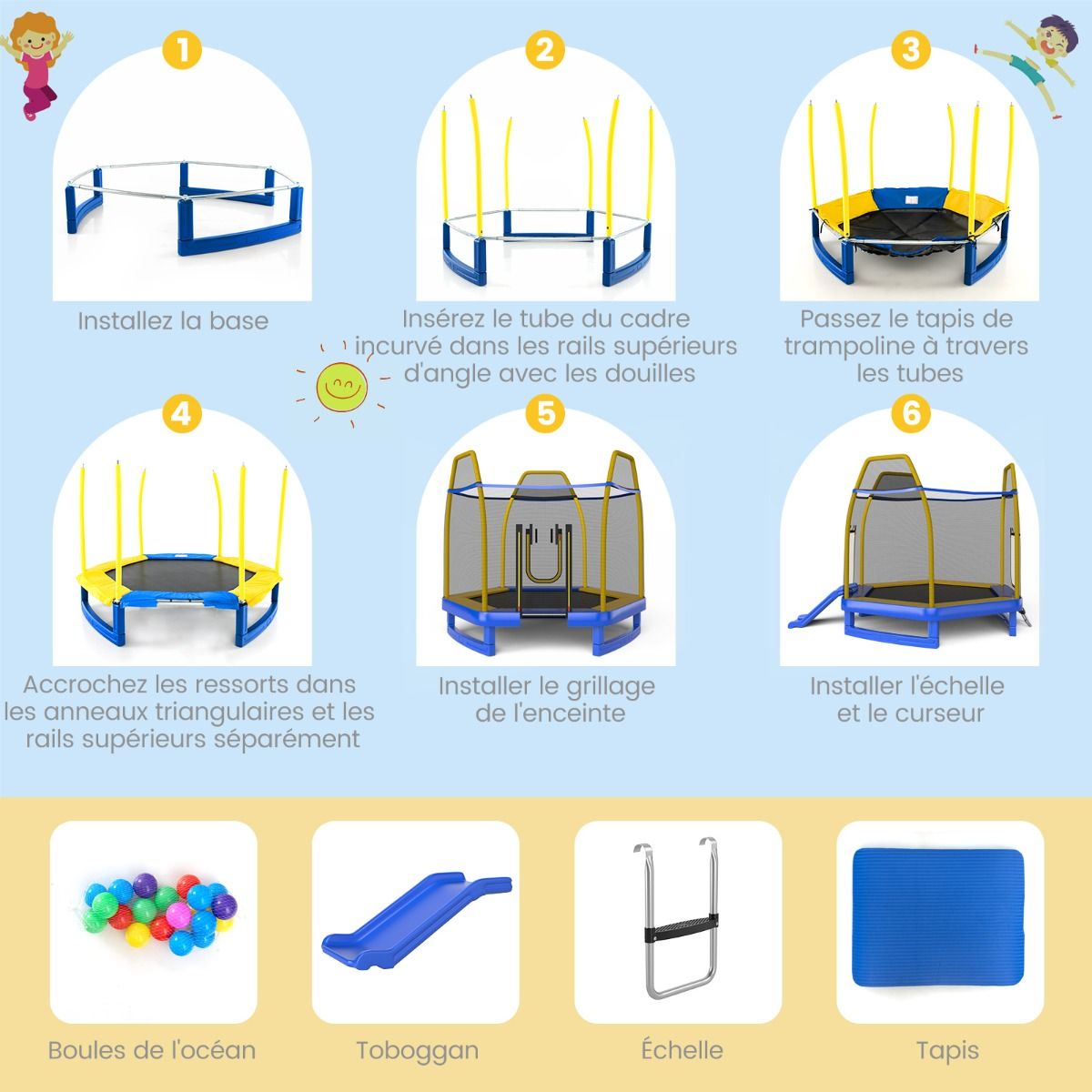 Outdoor Trampoline ? 223cm with Slide & Ladder with Safety Net, 2 U-Shaped Doors, Load Capacity 270kg for 2-3 Children Aged 3+, Blue/Green