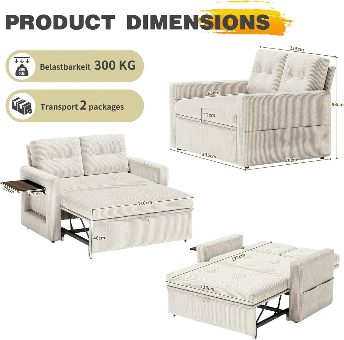 YOUDENOVA Sofá Cama 3 en 1, Sillón Cama multifunción, Sofá reclinable con Respaldo Regulable en 5 Posiciones, Sofá Cama para 2 Personas con Mesa y