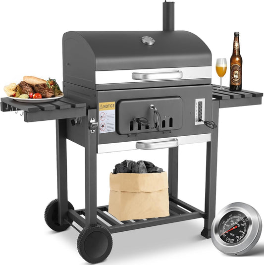XL Charcoal Barbecue, Barbecue Cart, XL Charcoal Grill with Lid, Wheels and Thermometer, Height Adjustable, Large Charcoal Barbecue, for Camping and Garden, Black