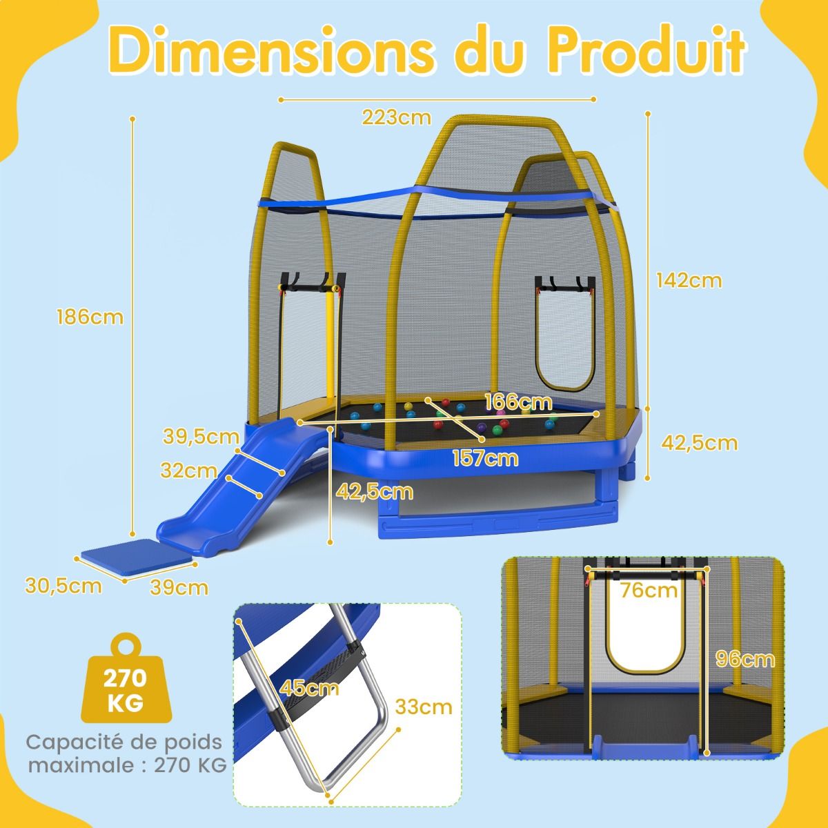 Outdoor Trampoline ? 223cm with Slide & Ladder with Safety Net, 2 U-Shaped Doors, Load Capacity 270kg for 2-3 Children Aged 3+, Blue/Green