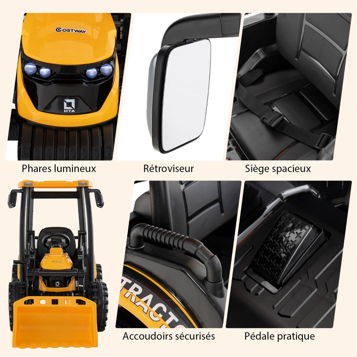 12V Electric Tractor for Children with Detachable Shovel & Trailer, 6-Wheel Electric Vehicle with Remote Control & Music, 3-6 km/h for Ages 3-8, Yellow/Green