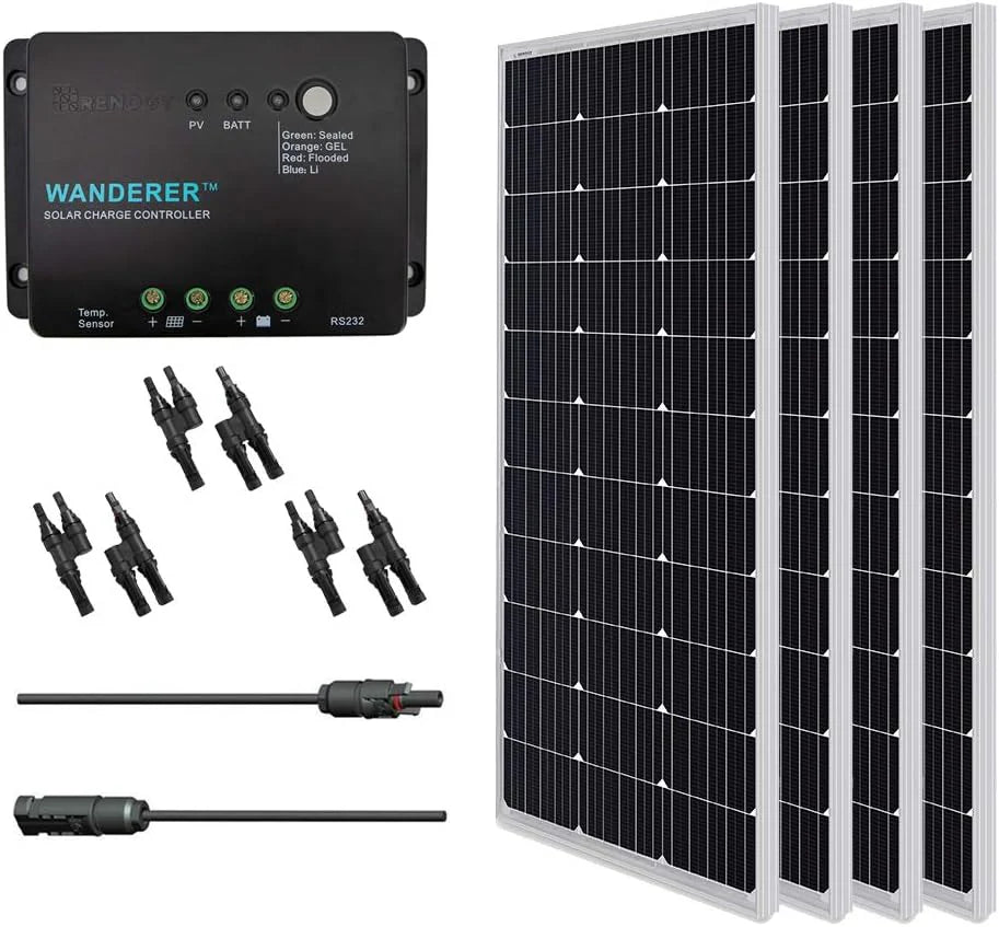 400 Watt 12 Volt Premium 4 Pcs 100W Panel+40A MPPT Charge Controller+ Bluetooth Module Fuse+ Mounting Z Brackets+Adaptor Kit +Tray Cables Set, 400W, Grid 12V Solar Power System