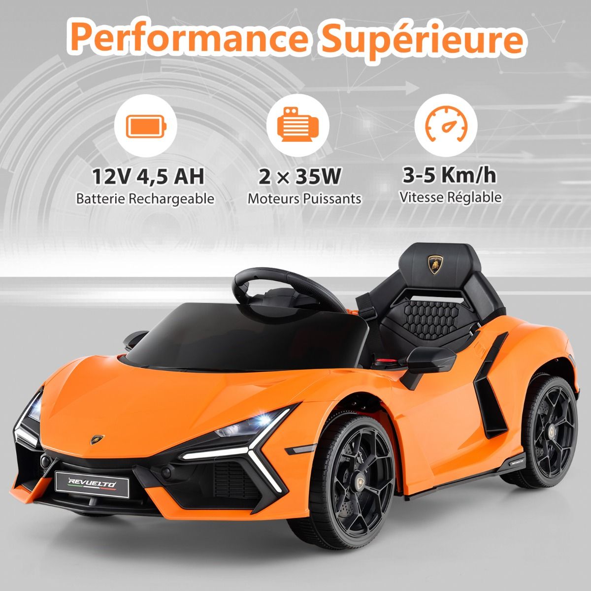 Revuelto Licensed 12V Electric Ride-On Car for Children with Remote Control and Hydraulic Doors, Suitable for Ages 37-95 Months, Grey/Orange