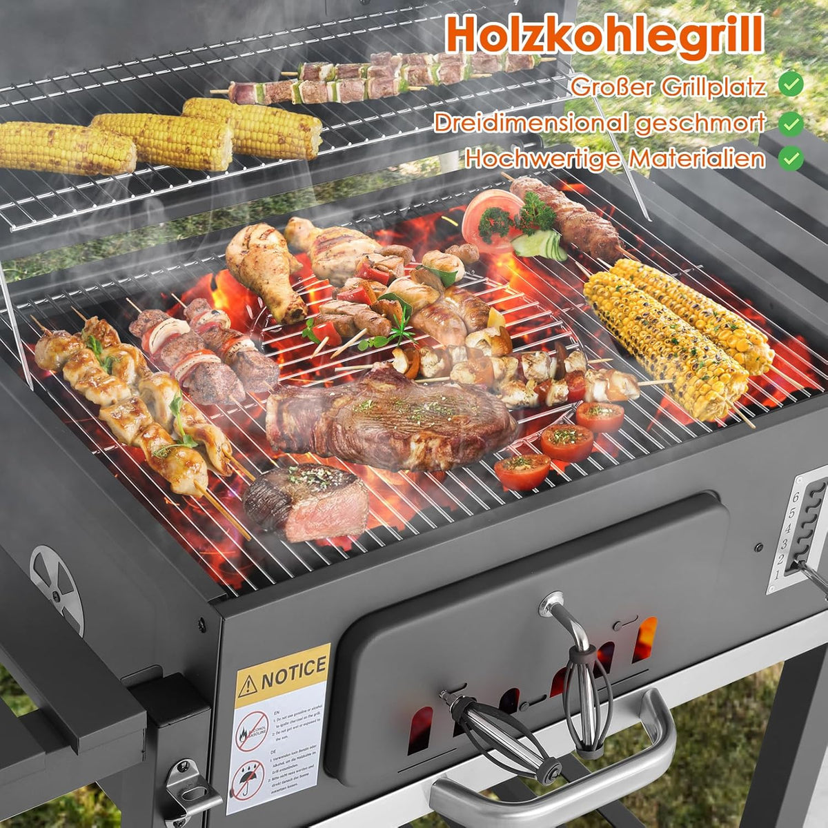 XL Charcoal Barbecue, Barbecue Cart, XL Charcoal Grill with Lid, Wheels and Thermometer, Height Adjustable, Large Charcoal Barbecue, for Camping and Garden, Black
