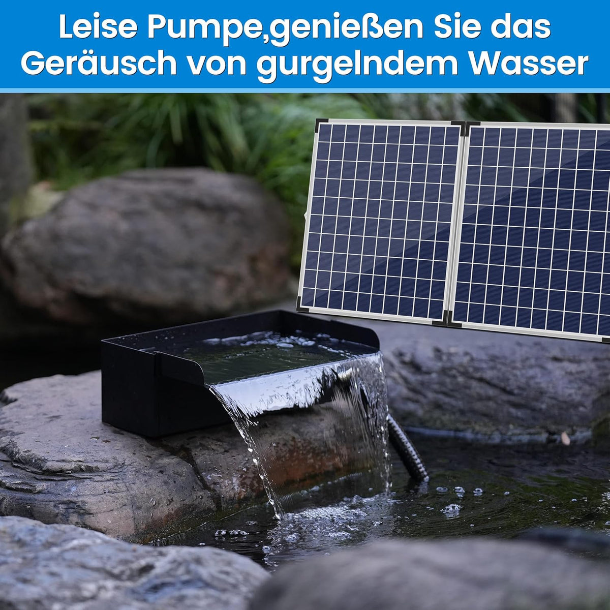 Biling complete solar waterfall kit for garden ponds, 20cm stainless steel waterfall with 2100 l/h pump for garden terrace water feature