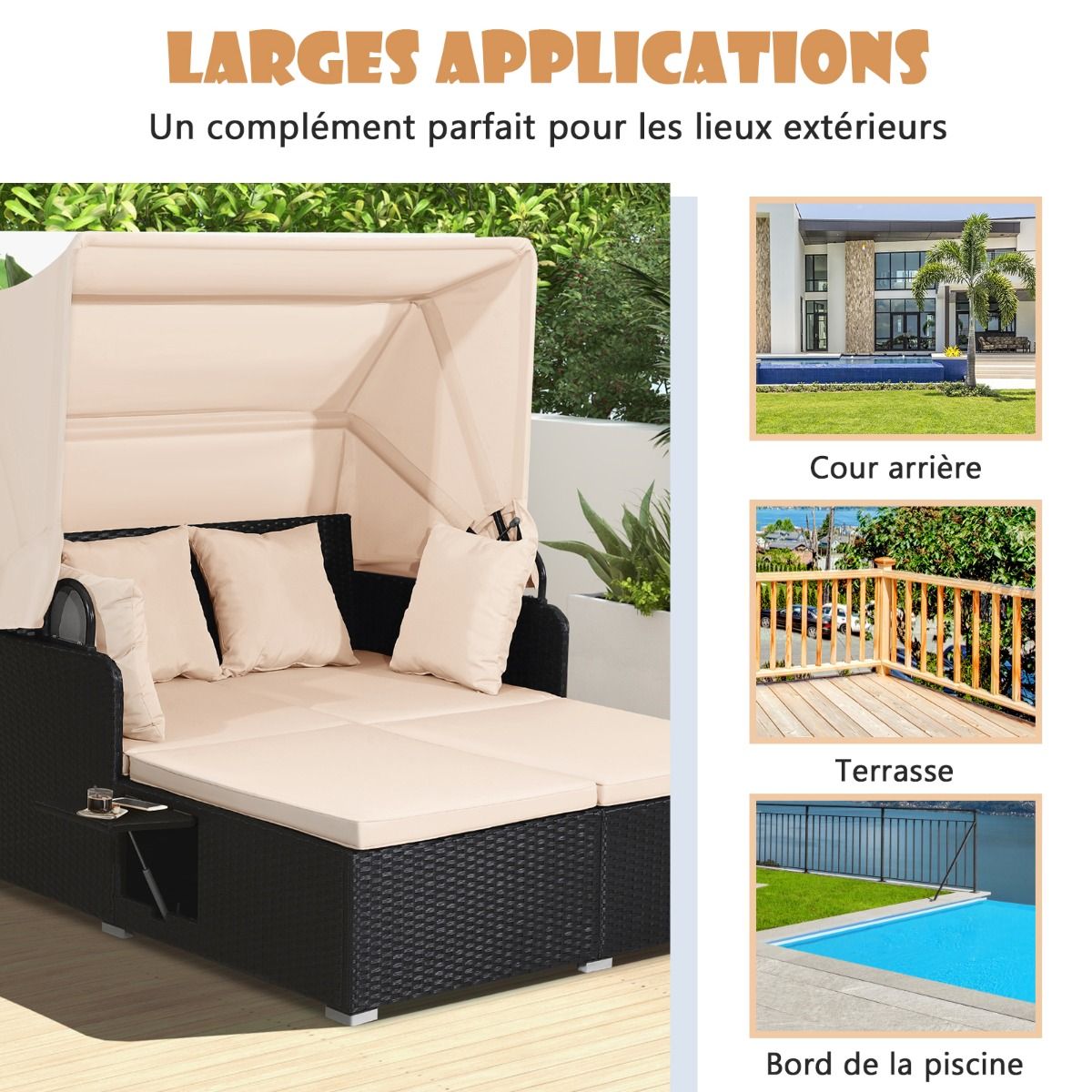 2-Seater Rattan Sun Lounger with Retractable Canopy, Sunbed with Folding Side Panels, 360KG Load Capacity, Beige/Grey