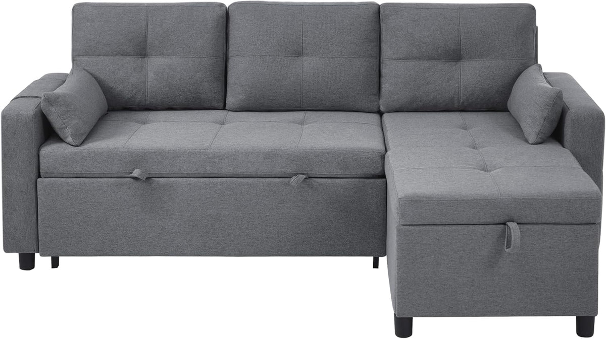 Zubaliya L-Shaped Convertible Sofa, 2-Seater Convertible Sofa Bed in Grey, 3-Seater Sofa with Pull-Out Bed and Sleeping Function, Equipped with Storage Space