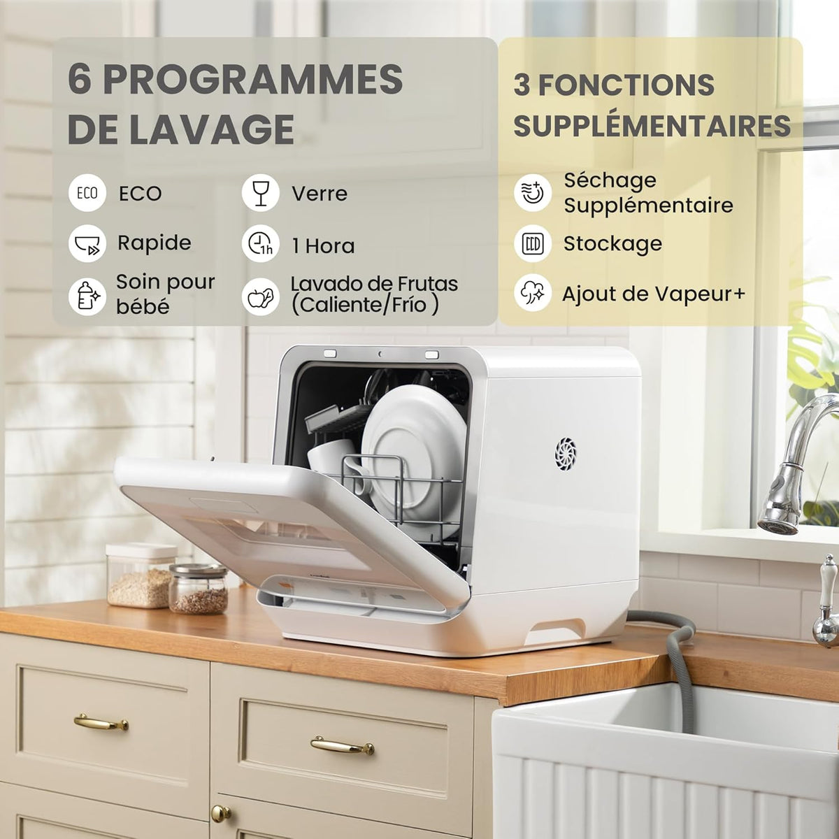 COMFEE' Countertop Dishwasher, Mini Tabletop Dishwasher with 6 Programs, Steam Wash, Baby Care and Fruit Wash, No Plumbing Required, Delay Start, 72-Hour Storage, White