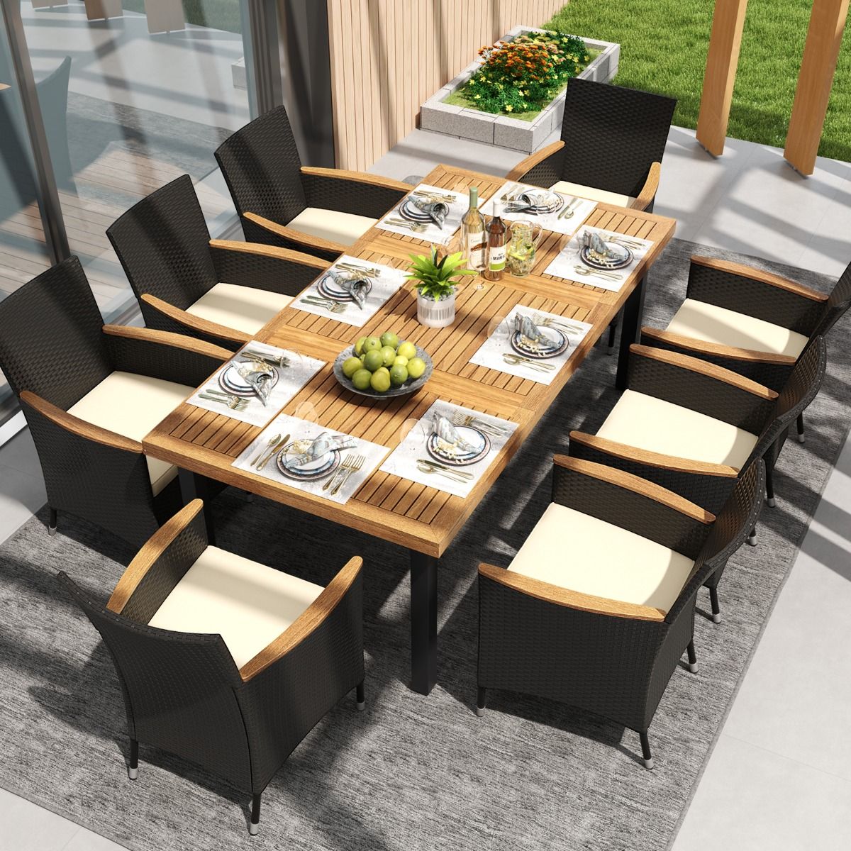 200cm Garden Table for 8 People, Acacia Wood Outdoor Table with Parasol Hole (5cm Diameter), Slatted Design, Metal Legs -
